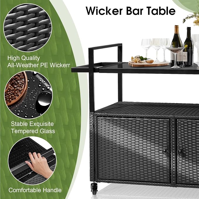 Outvita Patio Bar Table, Weatherproof Buffet Cabinet Wicker Outdoor Storage Cart with 2 Doors & Shelves Glass Tabletop for Tableware Wine Bottle and Glass, Towels, and Potting Supplies