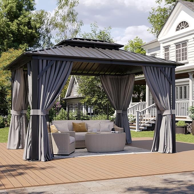 Aoxun 10Ft X 10Ft Hardtop Gazebo, Aluminum Metal Outdoor Gazebo with Breathable Netting and Curtains, Galvanized Steel Double Top, Permanent Patio Pavilion for Backyard, Wedding, Party