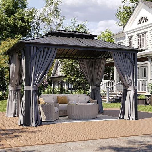 Aoxun 10Ft X 10Ft Hardtop Gazebo, Aluminum Metal Outdoor Gazebo with Breathable Netting and Curtains, Galvanized Steel Double Top, Permanent Patio Pavilion for Backyard, Wedding, Party