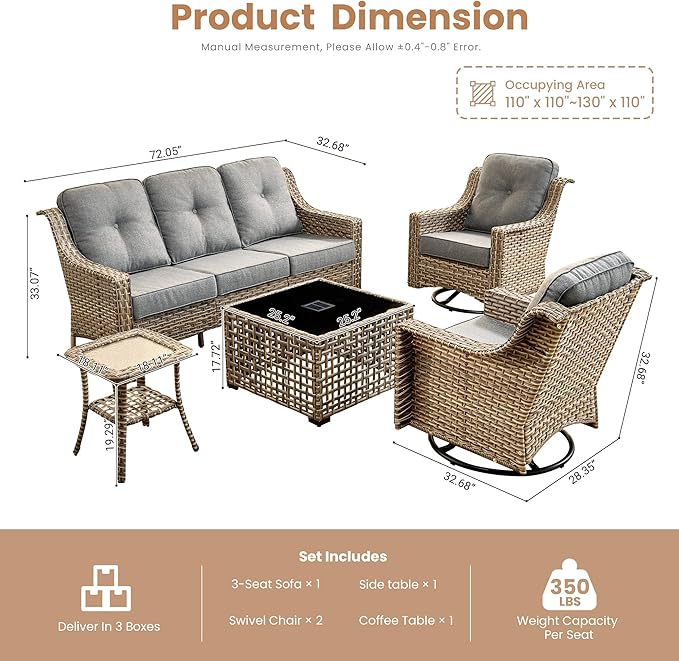 HOOOWOOO Patio Furniture Set,5 Pieces Wicker Outdoor Furniture,High Back Conversation Set with All Weather Resistant Solar Light Table Couch Swivel Chairs,Dark Gray