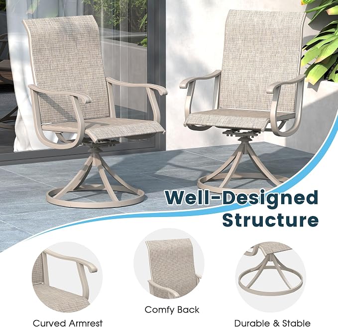 7 Pieces Patio Furniture Dining Set, 6 Textilene Swivel Dining Chairs, 53" Outdoor Round Metal Table with 1.57" Umbrella Hole, Outdoor Dining Set for Porch, Lawn, Garden, Grey/Sand