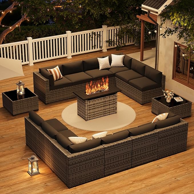 LazySunsets 15-Piece Patio Furniture Set with 44" Fire Pit Table, Wicker Outdoor Furniture, Patio Conversation Sets with Coffee Table, Outdoor Sectional Couch with Waterproof Cover, Black