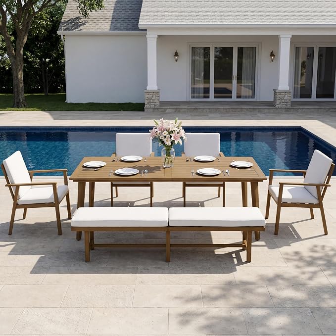 8-Person Outdoor Table Set with Chairs & Bench, 6-Piece Outdoor Rectangular Dining Table with Umbrella Hole, Rust-Resistant Faux Wood Grain Patio Table Set for Garden Backyard Poolside, Teak