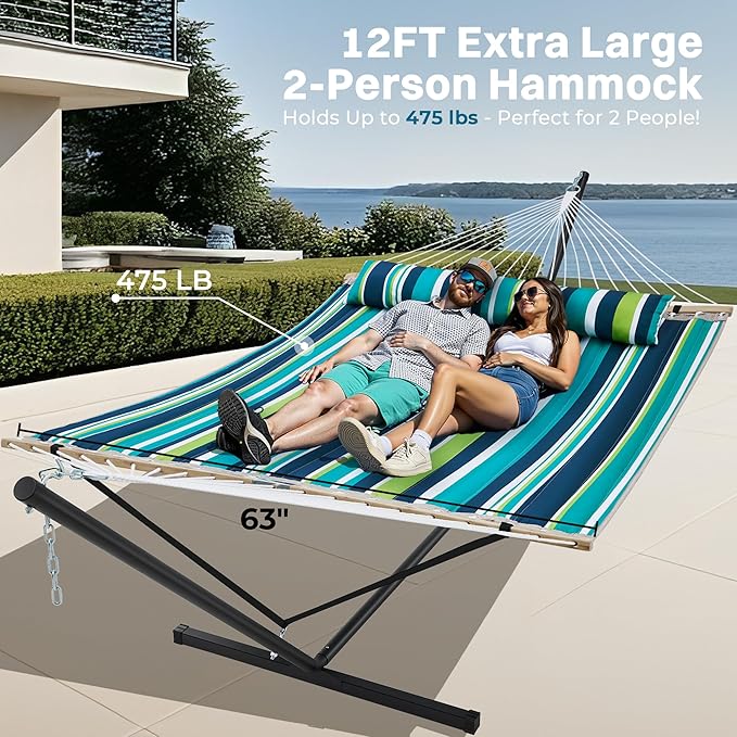SUPERJARE Hammock with Stand, 2 Person Quilted Outdoor Hammock, Detachable Pillow & Bamboo Spreaders, Portable Hammock with Carrying Bag, Heavy Duty Stand, Perfect for Outside, Patio, Dark Cyan