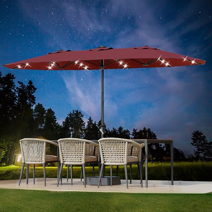 15FT Rectangular Patio Umbrella With Solar Lights & Base Included - Large Patio Umbrella With Crank Handle, UV Protection for Outdoor Market, Lawn, Backyard, Pool