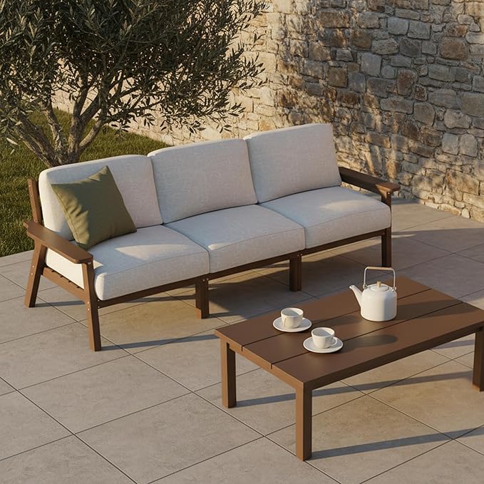 Patio Furniture Set 3 Seats, HDPE Outdoor Sectional with Washable Beige Thick Cushions, Coffee Table & Side Table, Patio Conversation Sets for Lawn, Garden, Porch, Balcony (Brown Frame)