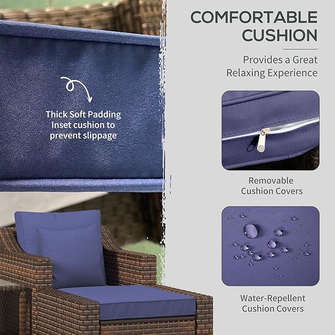 Outsunny 5 Piece Patio Furniture Set, All Weather PE Rattan Conversation Chair, and Ottoman Set with Coffee Table, Cushions & Pillows Included for Balcony, Porch, Deck, Pool, Lawn, Dark Blue
