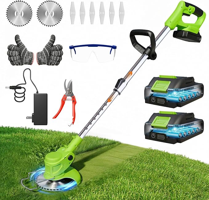 21V Lightweight Electric Weed Eater: All-in-One Cordless String Trimmer Brush Cutter with 2Pack 2.0ah Battery Powered Weed Wacker Set for Small Garden and Yard Lawn Edger Branches Tool for Homeowners
