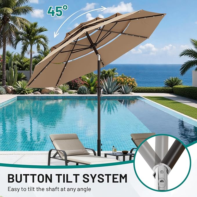 AreShark 9ft 3 Tiers Patio Umbrella with Solar Lights, Outdoor Umbrella w/ 32 LED Lights&8 Sturdy Ribs, Table Umbrella for Deck, Backyard, Pool (Beige)