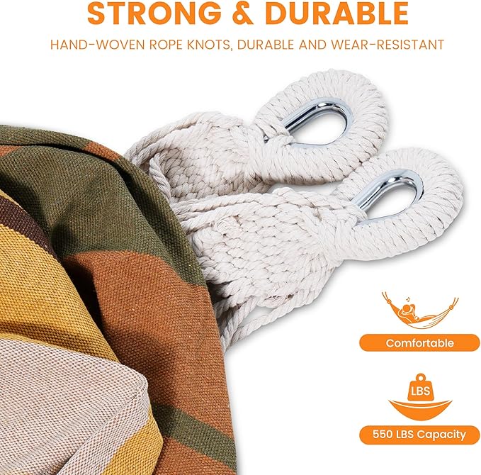 Lazy Daze Hammocks Extra Large Double Hammock, Portable Camping Hammock with Travel Bag & Tree Straps for Outdoor, Camping, Backyard, Patio, 550lbs Capacity, Brown & Khaki