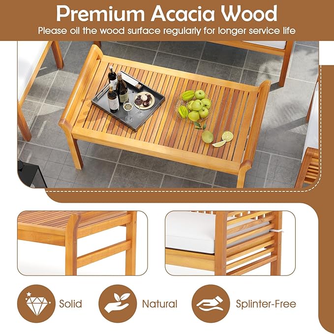 HAPPYGRILL 4 Pieces Acacia Wood Patio Conversation Set, Outdoor Wood Furniture Set with Seat Cushions, Wicker Sofa Chairs & Coffee Table for Garden Poolside Deck (1)