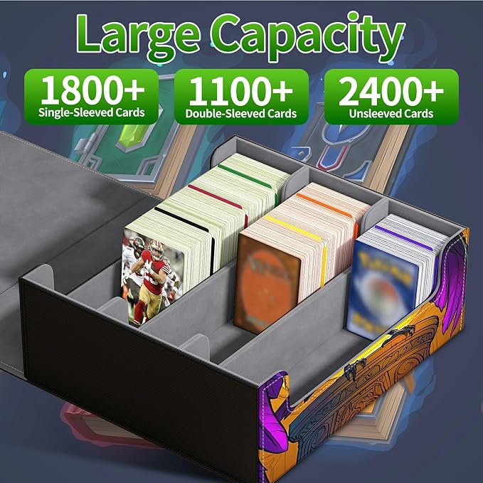 Card Deck Box for MTG, Cards Storage Box Fits 120+ Sleeved, Leather Big Size Strong Magnetic Closing Case for Board Games Magic TCG CCG Baseball Collection Women, Eagle With Purple Wings