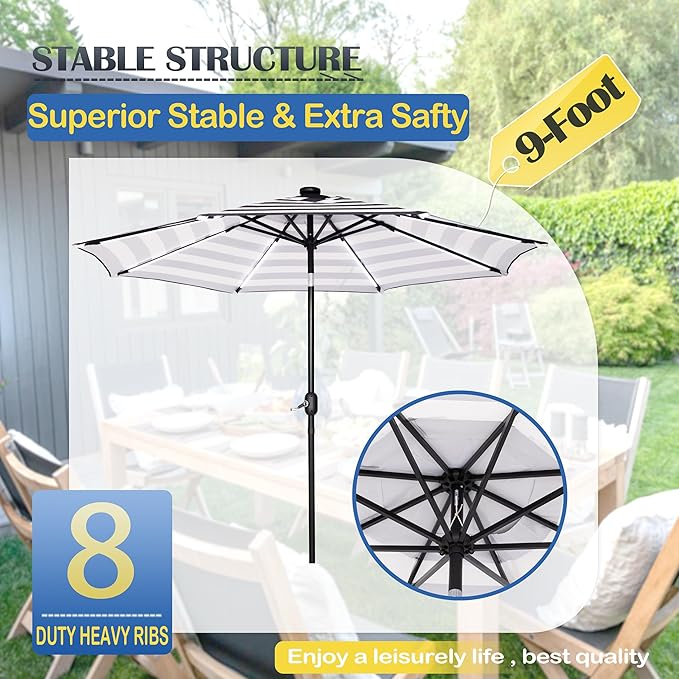 Sunnyglade 9FT Outdoor Solar LED Lighted Patio Umbrella with 8 LED Strip Lights & 8 Ribs, Convenient Crank Lift System
