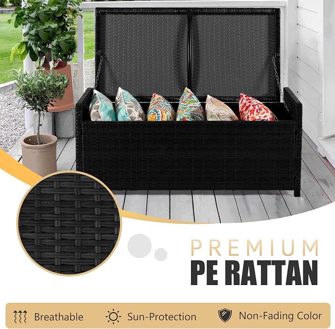 PROHIKER 2-in-1 Wicker Deck Box Bench, All-Weather 55 Gallon Outdoor Storage Box with Cushions and Waterproof Bag, Rattan Storage Bench for Pool Tools, Outdoor Equipments and Garden Tools, Black/Beige