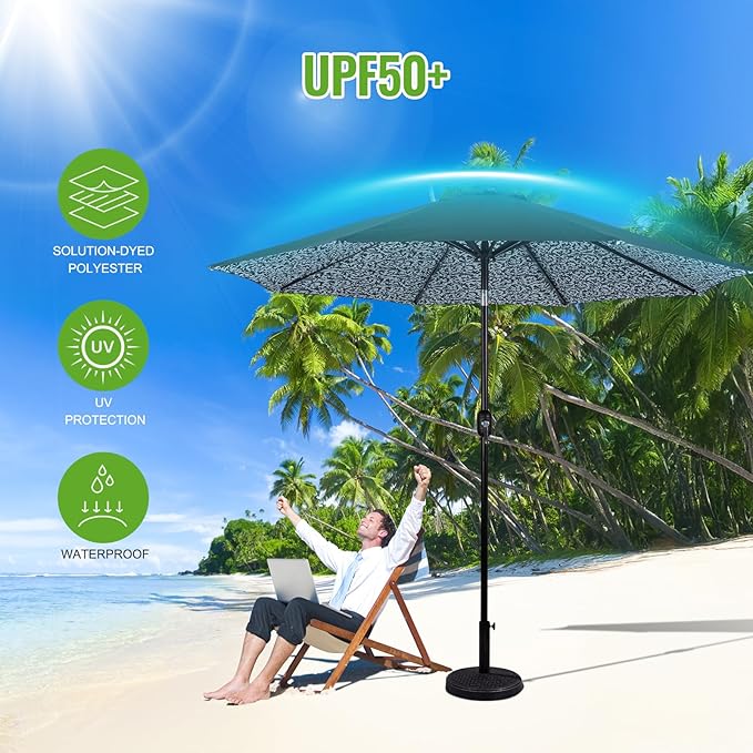 Backyard Expressions 9FT Solar Patio Umbrella with 32 LED Lights, UPF50+ UV Protection, Fade-Resistant Fabric, Easy Tilt & Crank, Outdoor Umbrella for Patio, Deck & Pool (Base Not Included)