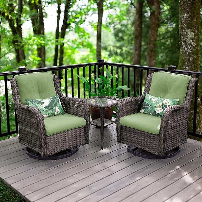 Outdoor 360 Degree Swivel Rocker Patio Chairs Sets of 2 and Matching Side Table - 3 Piece Patio Wicker Glider Chairs with Olefin Cushions(Mixed Grey/Green)