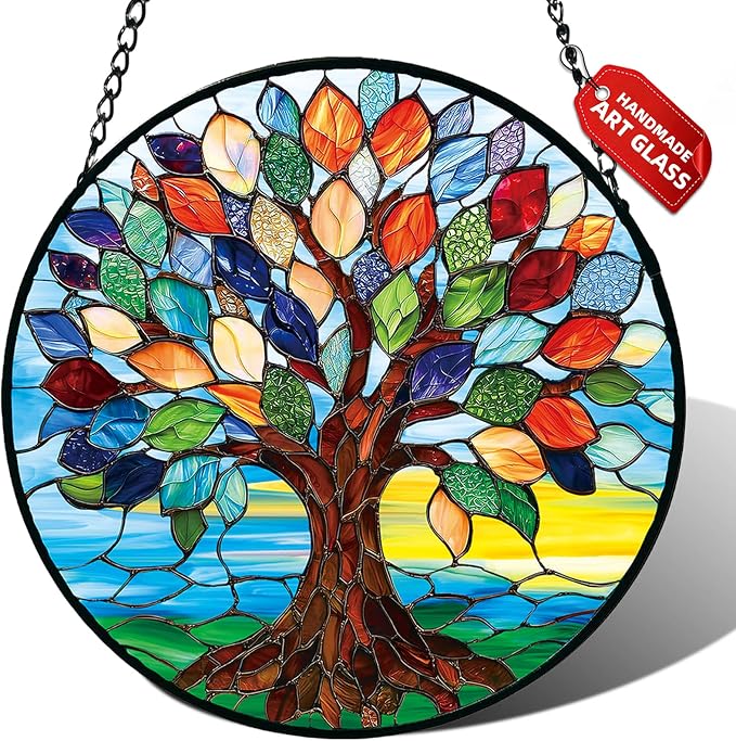 Tree of Life Stained Glass Suncatcher Window Hanging Birthday Gifts | 7.8in Garden Sun Catcher, Colorful Tree Art Sunrise Ornament for Door Home, Gift for Women Men & Mother's Day Christmas