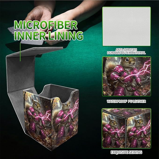 Purple Lightning Squirrel Card Deck Box for MTG, Personalized Card Storage Case Fits 120+ Sleeved Cards, Premium Leather TCG Box with Strong Magnetic Closure for Magic, PTCG, Baseball Cards