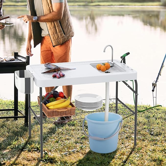 Folding Fish Cleaning Table, Fishing Fillet Station w/360° Rotatable Faucet & Sink & Spray Nozzle & Drain Pipe, Outdoor Sink Table, Portable Fish Filleting Table for Camping, Picnic