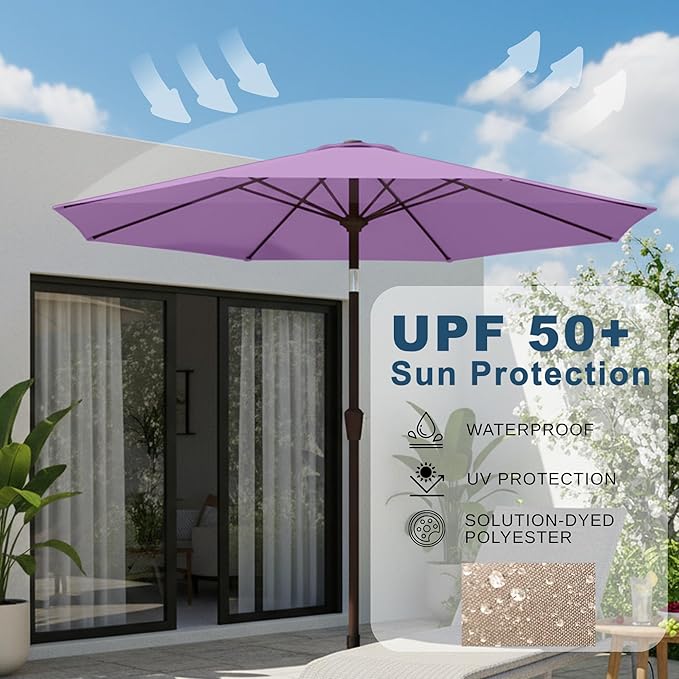 9ft Patio Umbrella with Push Button Tilt and Crank,Outdoor Market Table Umbrella UV Protection 8 Sturdy Ribs for Backyard,Garden,Pool,Deck(Taro Purple)