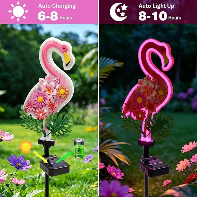 ANGMLN 2Pack Flower Flamingo Solar Lights Outdoor Decor, Pink Neon Solar Flamingos Outdoor for Yard, Flamingo Gifts for Mothers Day Mom Women Path Light for Lawn Patio Walkway Decor