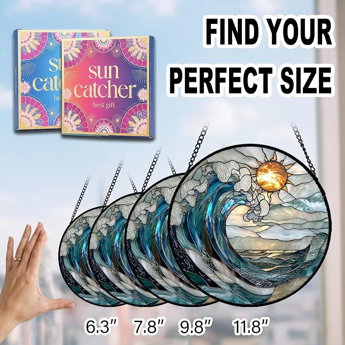 Birthday Gifts for Women - Sunrise Ocean Waves Faux Stained Glass Window Hanging Sun Catcher Mother's Day for Mom Nana Friend Grandma Wife and Door Garden Acrylic Home Decor 6.3"