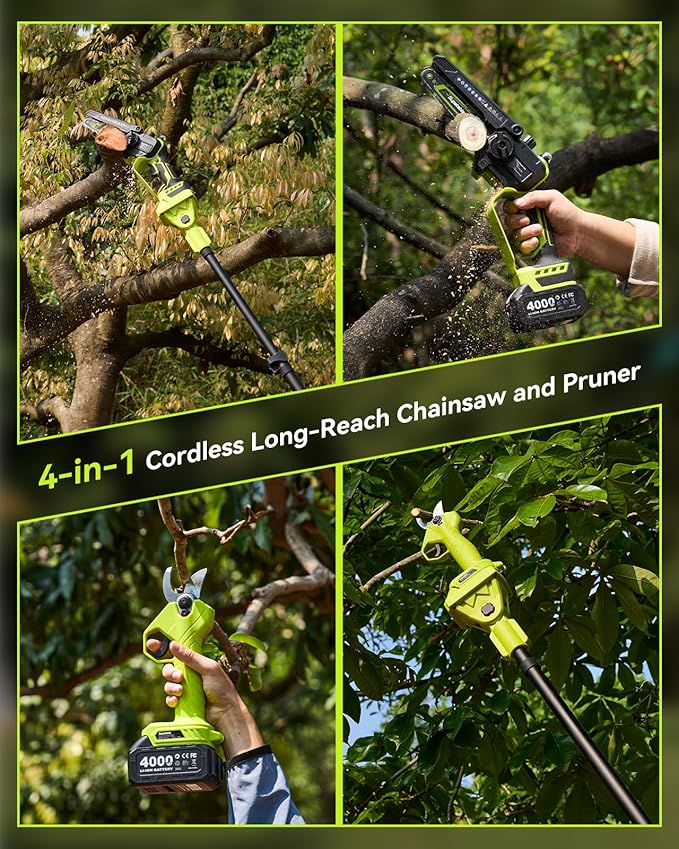 Supstable 4-in-1 Pole Saw & Pruning Shears Combo Kit, 6 Inch Mini Chainsaw for Tree Trimming, Battery Powered Chain Saw with Extension Pole, Limb Branch Cutter Pruner with 2 x 4000mAh Batteries