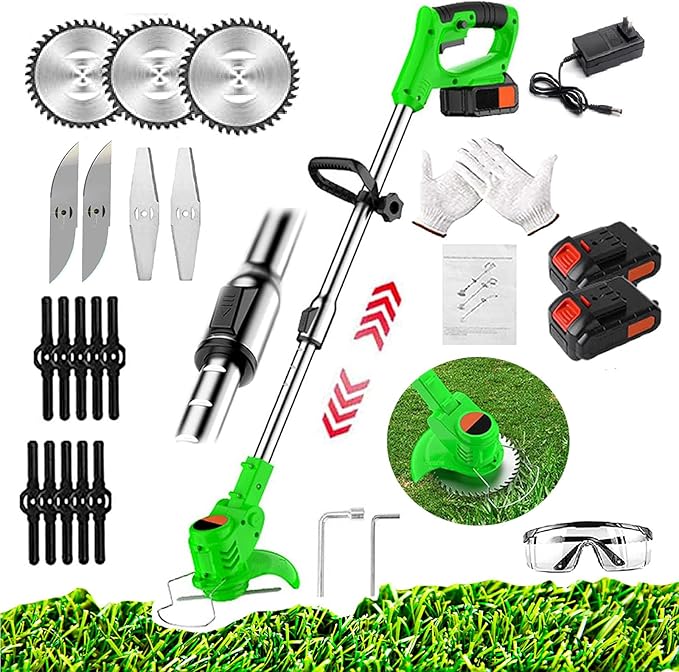 Weed Wacker Battery Powered，Cordless Weed Trimmer with 3 Types Blades 3.0ah Rechargeable Weed Wacker for Women (Green)