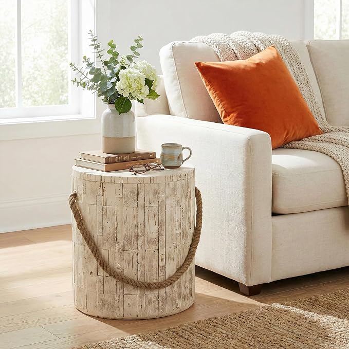 Polibi Outdoor Indoor Side Table Wood Grain Look, Rustic MGO End Table with Decorative Braided Cord, Small Farmhouse Accent Table for Couch, Patio, Balcony, Ready to Use