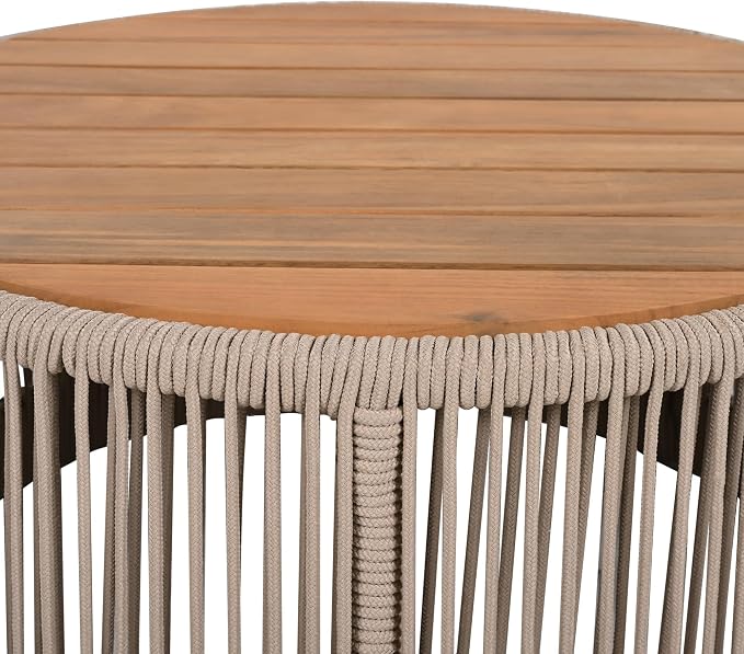 Round Outdoor Coffee Table, Acacia Wood & Rattan Rope Patio Side Table, Weather Resistant Natural Iron Frame Accent Table, 26 Inch Rustic Furniture for Garden Yard Balcony Porch