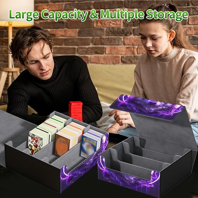 Large Card Deck Box for MTG, Fits 1200+ Sleeved Cards, PU Leather Storage Case with Strong Magnetic Closure, Multiple Colors for TCG CCG Baseball Card Collections, Cool Wolf Purple