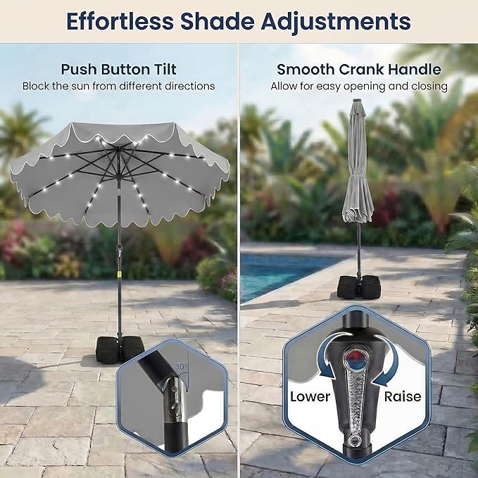 Happygrill 9FT Solar Patio Umbrella, Outdoor Market Table Umbrella with 32 LED Lights, Weighed Base, 2 Sandbags, Tilt & Crank, 8 Ribs, Fabric Canopy Sunshade, Vented Top for Garden Deck Pool Backyard (Gray)