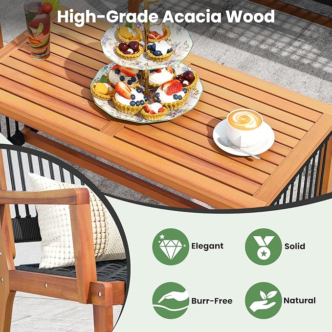 HAPPYGRILL 4 Pieces Patio Furniture Set Acacia Wood Conversation Set with Hand-Woven Rope Design, Ergonomic Loveseat & Single Chairs, Wooden Chair & Table Set for Porch Yard Poolside