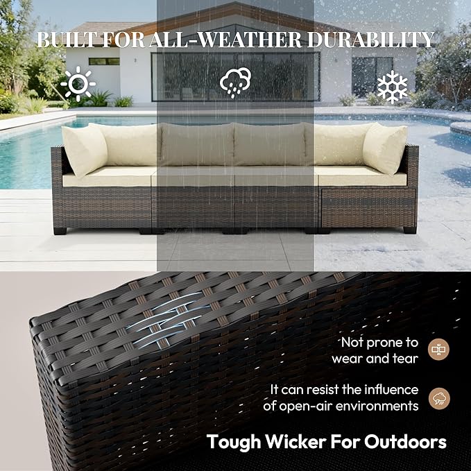 WWR Patio Furniture Set with 50000 BTU Propane Fire Pit Table 8 Piece, Wicker Outdoor Patio Conversation Set, Waterproof Rattan Patio Couch Set for Backyard, Deck & Garden, Brown/Khaki Gray