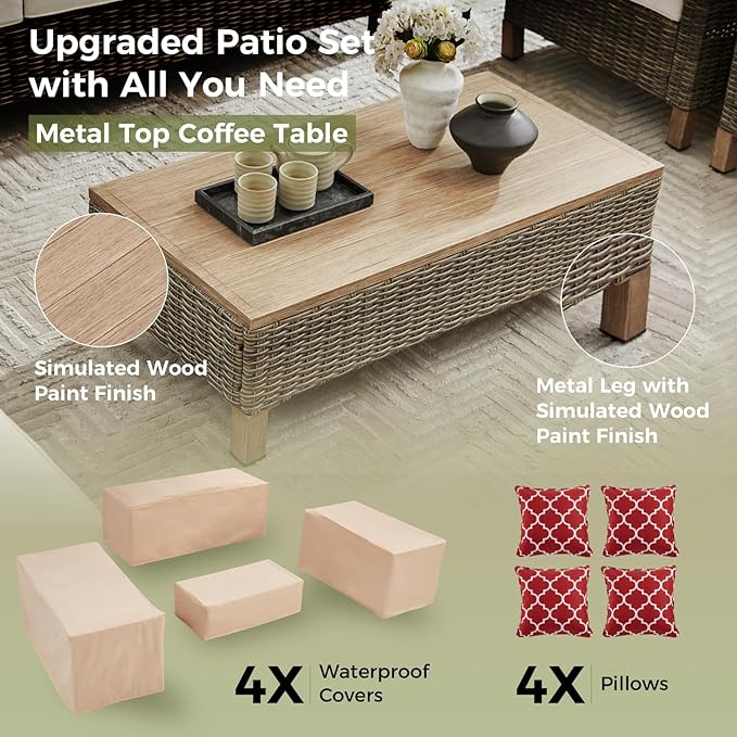 9 Pieces Patio Furniture Sets All Weather Reinforced Wicker Rattan Sectional Sofa with Metal Top Coffee Table Outdoor Furniture Conversation Set for Porch, Poolside, Garden, Backyard, Red