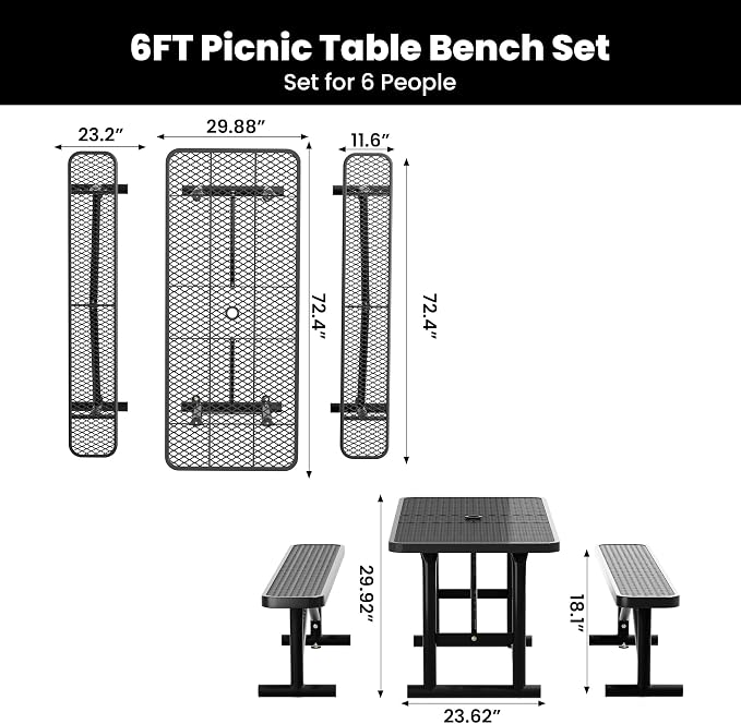 6FT Outdoor Metal Picnic Table with 2 Benches,Heavy Duty Rectangular Picnic Table Set for Outside, Waterproof Commercial Restaurant Table Furniture for Park, Campfield, Patio, Garden, Yard