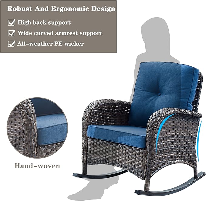 Belord Patio Rocking Chairs Furniture Set - 5 Piece Outdoor Wicker Furniture Sets with Ottomans, Small Patio Conversation Sets with Wicker Rocking Chairs Brown/Blue