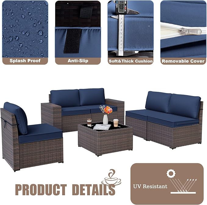 Patio Furniture Set Sofa 6-Pieces Wicker Sectional Sofa Set, Outdoor Furniture Rattan Patio Conversation Set with Thickened Cushion and Glass Coffee Table, Navy Blue