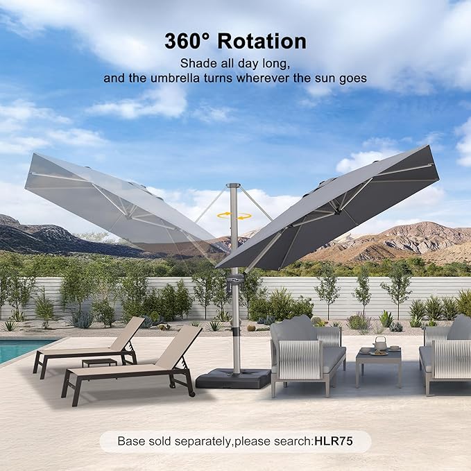 PURPLE LEAF 9’ X 9‘ Patio Umbrella Outdoor Cantilever Umbrella, Aluminum Offset Umbrella with Champagne Frame and 360° Rotation for Pool Deck Garden, Light Grey