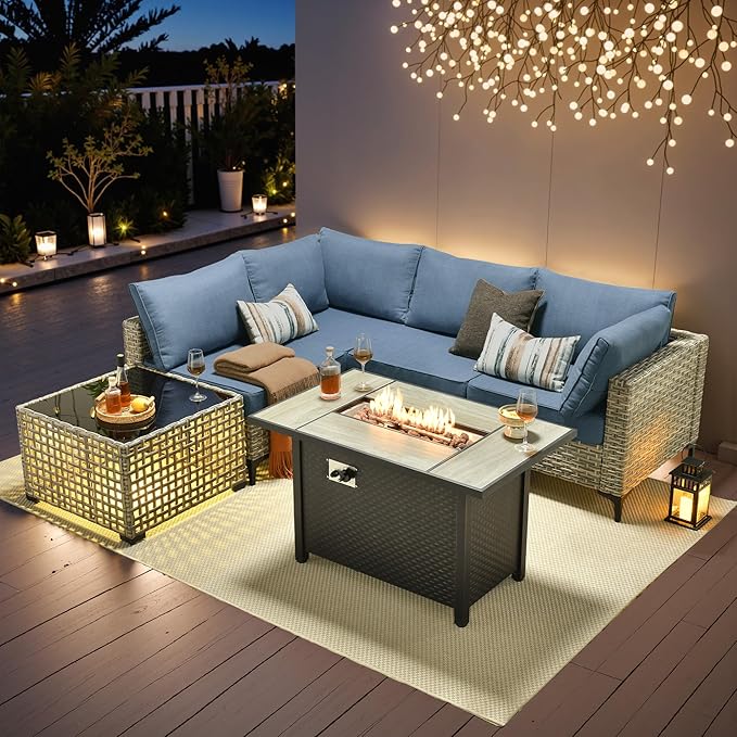 Outdoor Patio Furniture Sets,6 PCS Patio Conversation Set Outside Rattan Sectional Sofa with 42 in Fire Pit Table&Coffee Table Fit Backyard Porch Garden Poolside Balcony
