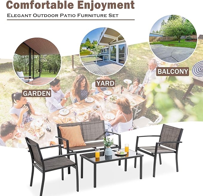 Vongrasig 4 Piece Outdoor Patio Furniture Sets, Modern Textilene Bistro Set Patio Conversation Set with Loveseat, Glass Tea Table for Home Lawn Balcony Porch Backyard(Brown)
