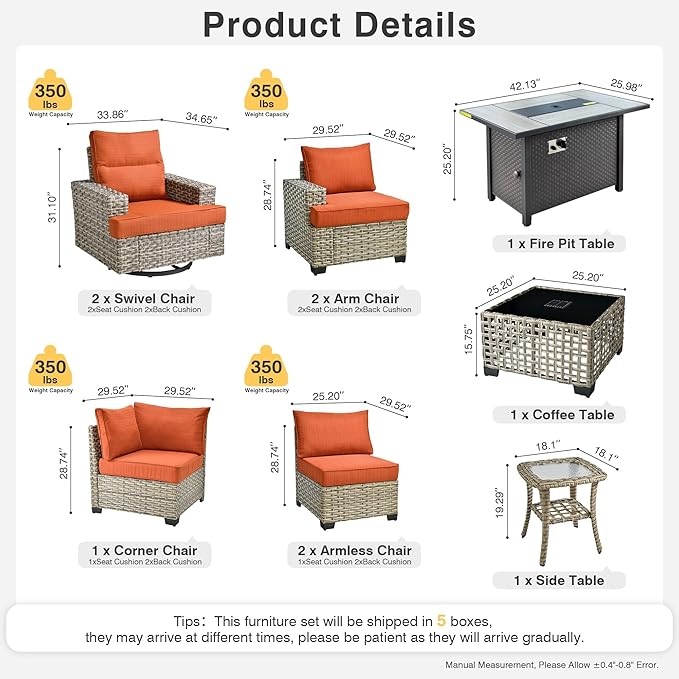 Weaxty 10 Pieces Outdoor Patio Furniture Set with Swivel Rocking Chair, Outdoor Sectional Sofa Couch Wicker Modular Patio Conversation Set w/42 Fire Pit and Coffee Side Table,Orange