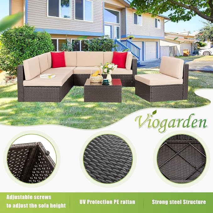 7 Pieces Outdoor Patio Furniture Set with Cushions, PE Manual Weaving Rattan Sectional Sofa, Glass Table Included, Weather Patio Conversation Set for Garden Backyard Deck(Beige)