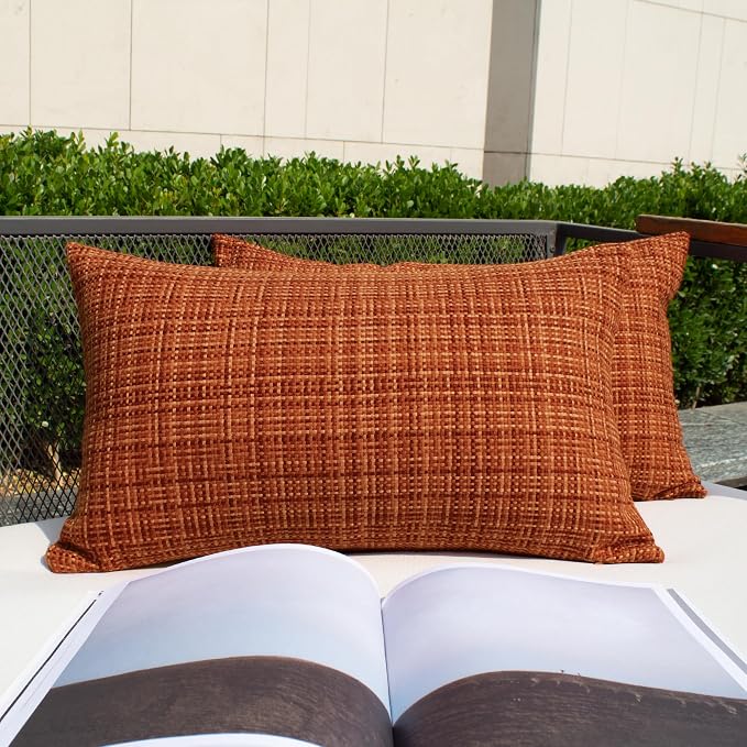 Kevin Textile Outdoor Waterproof 14"x24" Pillow Covers 2 Pack, Burnt Orange | Fall Water Resistant, Faux Linen Yarn-dyed, Woven Texture Throw Pillow Covers for Tent Patio Garden Couch Sofa