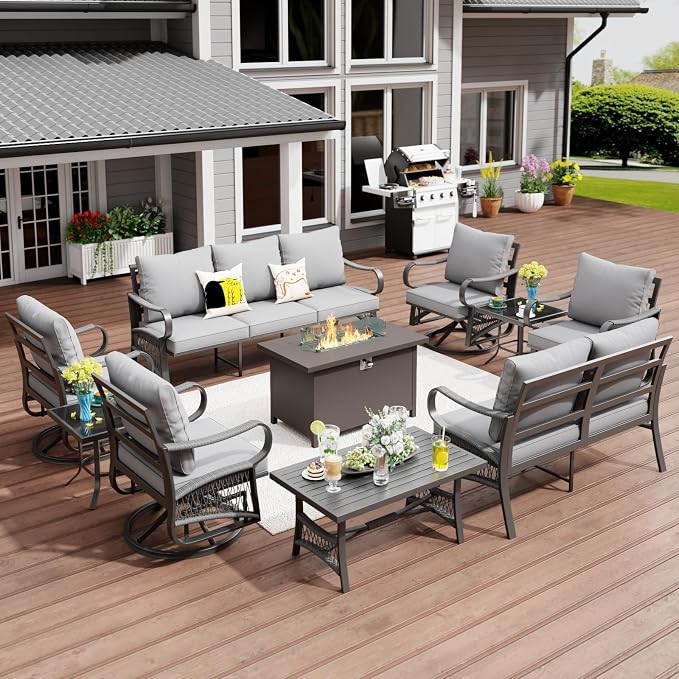 10 Piece Patio Furniture Set, All Weather Metal Outdoor Conversation Set with 50000 BTU Propane Fire Pit Table and 5" Thick Cushions, Sectional Sofa for Garden, Porch, Lawn, Grey