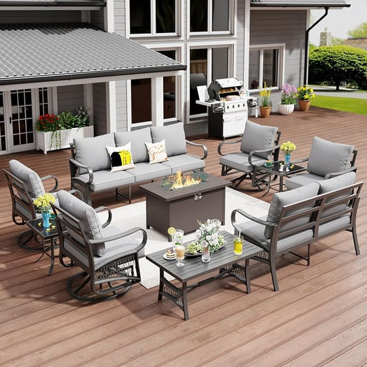 10 Piece Patio Furniture Set, All Weather Metal Outdoor Conversation Set with 50000 BTU Propane Fire Pit Table and 5" Thick Cushions, Sectional Sofa for Garden, Porch, Lawn, Grey