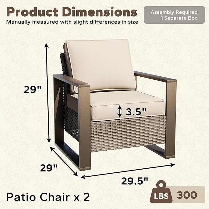Patio Metal Wicker Chairs Set of 2, All Weather Outdoor Rattan Dining Chairs with Rectangular Framed Wood-Looking Metal Armrest & Fade-Resistant Cushions for Deck Balcony Backyard, Beige
