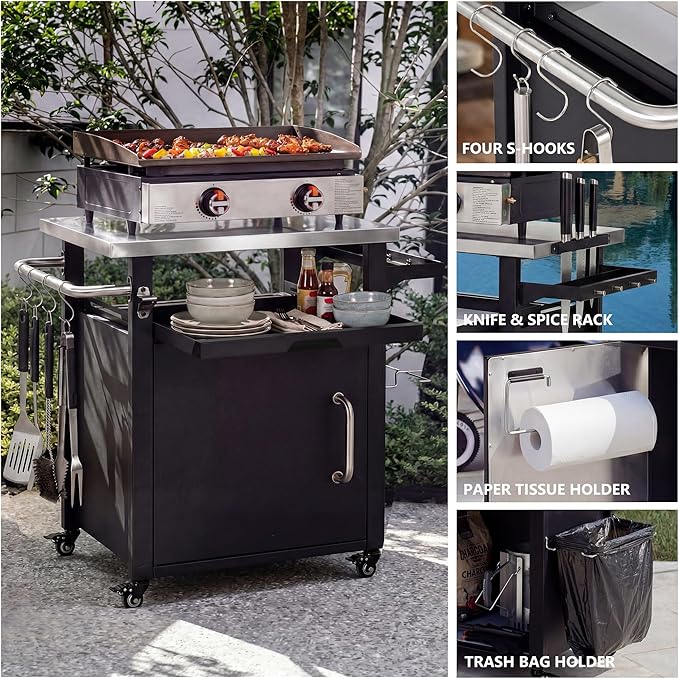 Outdoor Deck Box Storage Cabinet with Stainless Steel Top, 39.5 Inch Patio Prep Station and Grill Cart with 4 Locking Wheels, Propane Tank Storage and Waterproof Cover, Black Finish