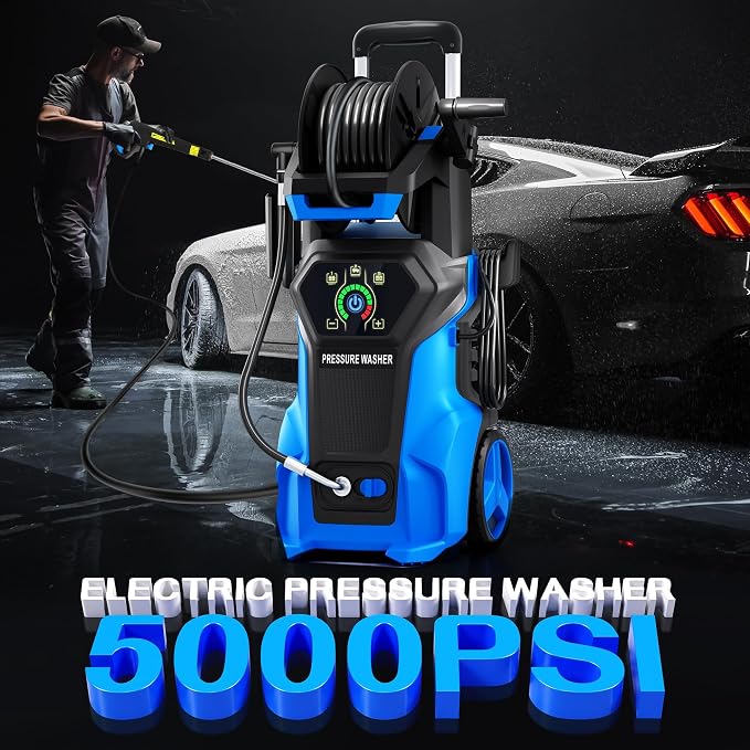 𝟓𝟎𝟎𝟎𝐏𝐒𝐈 𝐏𝐫𝐞𝐬𝐬𝐮𝐫𝐞 𝐖𝐚𝐬𝐡𝐞𝐫 Cleaner, Portable Car Washer with 4 Quick Connect Nozzles, Foam Cannon for Car Driveway Patio Fence (Blue)