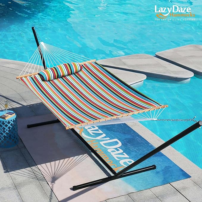 Lazy Daze Hammocks 12 FT Sunbrella Fabric Hammock not Fading with Spreader Bars and Free Pillow Fits for 2 Persons, All Weather and Fade Resistant for Patio Yard, 450 lbs Capacity, Carousel Confetti